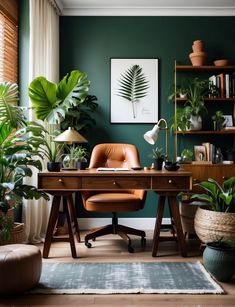 an office with green walls and lots of potted plants on the desk in front of it