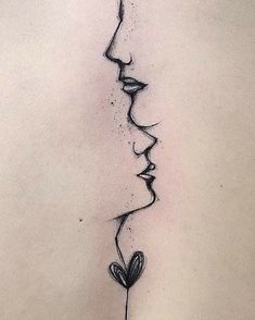 the back of a woman's neck with three faces and a flower growing out of it