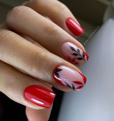 For a striking fall look, this bold red design with leafy accents is perfect. The combination of rich red and black leaves creates a dramatic yet elegant effect.   Photo credit by: @valevsnails Red Concert Nails, Red Gel Nails Short Design, Red French Nail Designs, Red Nails With Black Design, Nails Xoxo, Blue Nail Ideas, Short Fall Nails, Lavender Nail Polish, Fall Nails Ideas