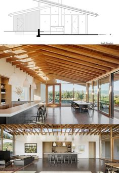 the interior and exterior view of a modern house with wood ceilinging, open floor plan,