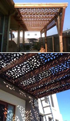 an outdoor pergolated patio cover made out of wood and metal, with the sun shining