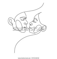 one line drawing of two people kissing each other