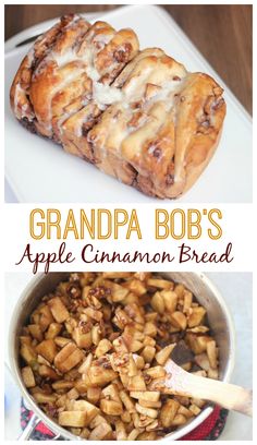 an apple cinnamon bread is in a pan and on top of the other side, there are