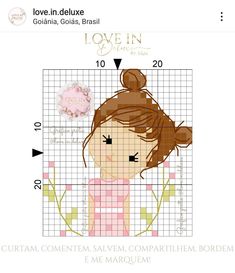 a cross stitch pattern for a girl with her hair in a bun and the words love in