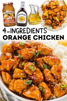 an image of orange chicken with rice and sauce in the background text reads 4 ingredient orange chicken