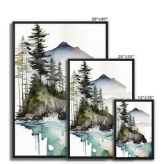 three watercolor paintings with trees and mountains in the background