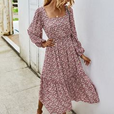 Fall Wedding Guest Attire, Flower Midi Dress, Wedding Guest Attire, Fall Wedding Guest, Floral Dress Casual, Guest Attire, Ruffle Midi Dress, Dress Women Elegant, Square Neck Dress