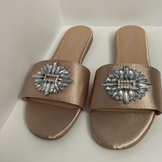 New Satin Sandals For Woman’s .Sensor Mark On The Side .Beautiful Color .New!! No Box Silver Embellished Flat Sandals, Silver Slip-on Sandals For Party, Silver Slip-on Party Sandals, Glamorous Silver Flat Heel Sandals, Glamorous Silver Flat Sandals, Elegant Silver Flat Sandals, Satin Sandals, On The Side, Slip On Sandal