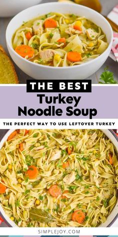 the best turkey noodle soup in a white bowl