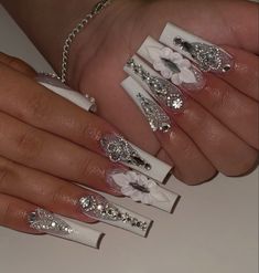 Virgo Aesthetic Nails, White Nails Extra, Virgen Nails, Long Pretty Nails, Silver Bling Nails, Latina Nail Designs, Acrylic Nails Pastel, Marvel Nails, Royal Nails