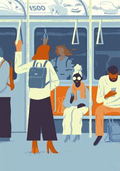 an illustration of people sitting on a bus with their backs turned to the side,