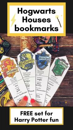 hogwarts houses bookmarks with the text free set for harry potter fun