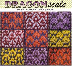 the dragon scale crochet pattern is shown in different colors and patterns, with text that