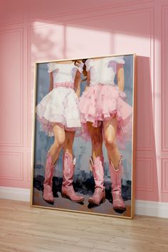 Two aesthetic retro cowgirls in pink cowboy boots, pink and white outfits. Dorm decorations, preppy apartment decor. The poster has a blue background and is a retro style oil painting, perfect for bar cart art, trendy bedroom decor to add some western sass to your home decor. Preppy Mode, Retro Printables, Dorm Room Walls, Girls Room Wall Art, Pink Cowgirl, Apartment Bedroom