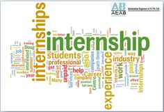 a word cloud with the words internship written in green and yellow on white background