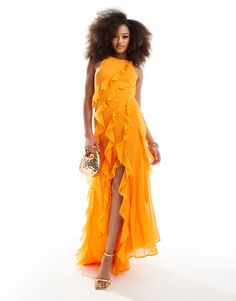 Dresses by ASOS DESIGN Best dressed: secured Crew neck Sleeveless style Ruffle details Back zip closure Side slit Regular fit Orange Ruffle Dress, Ruffle Maxi Dress, Best Dressed, Ruffled Maxi Dress, Maxi Dress Trend, Petite Maternity, Skirted Swimwear, Plus Size Pregnancy, Bright Orange