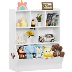 a white book shelf with stuffed animals and toys on the bottom shelf, including a car