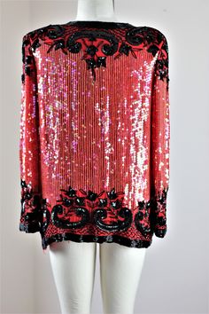 "Hooks up and down the front, silk interior, a beautifully beaded and sequined jacket. Formal and beautiful..throw on a black dress and you can go to an exquisite affair! Excellent condition, some pulling on the silk in the inside..but overall Excellent condition for its 40 + years!! They dont make them like they used to!! Measuring: 25\" length Width: 40\" Sleeves: 23\" Pet Free/smoke free Enjoy!" Festive Sequin Fabric For Night Out, Elegant Embellished Sequin Fabric For Fall, Jacket Formal, Beaded Jacket, Sequin Jacket, Cute Jackets, Sequin Beading, Red Silk, Sequin Top