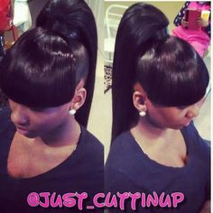 Ponytail With Chinese Bang, Bang Ponytail Hairstyles For Black Women, Ponytail With Bangs For Black Women, Bang Ponytail, Pretty Ponytail, Girl Updo, Quick Weaves