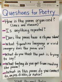 a white board with writing on it that says, questions for poetry how is the poem organized?