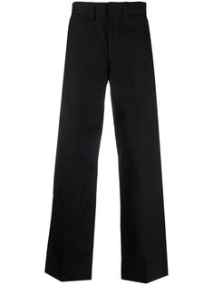 black cotton tailored cut concealed front fastening belt loops pressed crease two rear welt pockets straight leg Straight Silhouette Cotton Bottoms For Workwear, Cotton Straight Silhouette Bottoms For Work, Cotton Bottoms With Straight Silhouette For Work, Formal Black Cotton Work Pants, Black Chinos For Work With Straight Hem, Classic Straight Leg Bottoms With Concealed Fastening, Classic High-waisted Pants With Concealed Fastening, Straight Silhouette Cotton Bottoms With Five Pockets, Cotton Bottoms With Five Pockets In Straight Silhouette