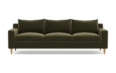 a green couch with wooden legs on a white background