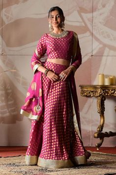 Wine banarasi georgette lehenga with leaf motifs and gota embroidery. Comes with a blouse and a dupatta. - Aza Fashions Gota Embroidery, Blouse Lehenga, Lehenga Pattern, Embroidered Leaf, Georgette Lehenga, Embroidered Leaves, Woman Wine, Buy Wine, Embroidered Blouse