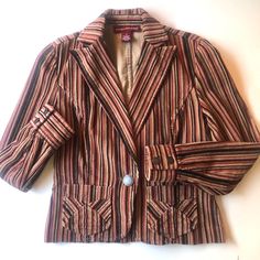 Striped Corduroy Blazer Size 4, Never Worn Beautiful Detailing On Pockets & Back Instructions Say “Machine Washable” Multicolored Double Buttoned Cuffed Sleeves Burnished Bronze Buttons Corduroy Blazer, Cuff Sleeves, Blazer Suit, Suit Jacket, Jackets & Coats, Size 4, Jackets For Women, Blazer, Red