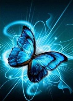 a blue butterfly flying through the air with swirls and bubbles on it's wings