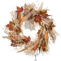 a wreath with fall leaves and burlocks