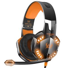 an orange and black gaming headset with glowing lights