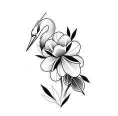 a black and white drawing of a flower with a bird on it's side