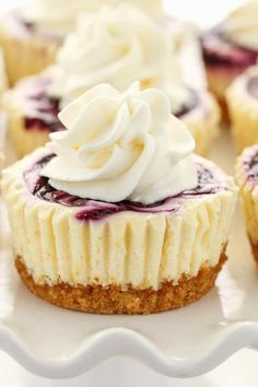 mini lemon blueberry cheesecakes on a white plate with the title overlay