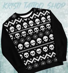 This cool skull sweater is perfect for Christmas! You can wear it to work to create Christmas spirit or make a gift for loved one. This sweater looks like ugly Christmas sweater but with skulls! Awesome way to rock on holidays 💀 ✨     Please check out the size guide before ordering! Sweater Tattoo, Skull Christmas, Christmas Skull, Skull Sweater, Cool Presents, Skull Pattern, Unique Shirt, Make A Gift, Tattoo Shop