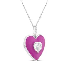 You best memories will be even sweeter when contained in this adorable heart-shaped locket necklace. Sterling silver A bezel-set heart-shaped white lab-created sapphire centers the pink enamel pendant Round white lab-created sapphires shimmer on the bail 18-inch cable chain with lobster clasp Sterling Silver Locket Necklace, Enamel Locket, White Lab, Pink Enamel, Necklace Sterling Silver, Locket Necklace, Best Memories, Bezel Setting, Cable Chain