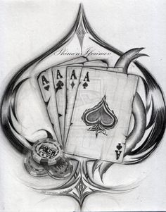 some playing cards with the ace and jack spades on top of them, in pencil