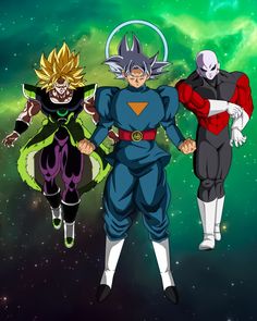 three dragon ball characters standing in front of a green background with space and stars behind them