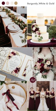 the wedding color scheme is burgundy, white and gold