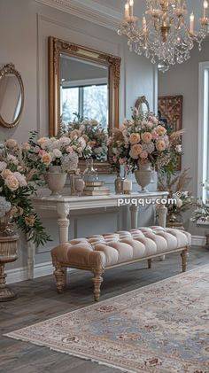 a room filled with lots of furniture and flowers on top of a wooden table next to a mirror