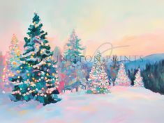 an oil painting of christmas trees in the snow with pastel colors and pinks