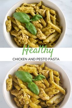 two bowls filled with chicken and pesto pasta