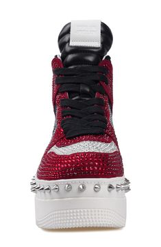 Bold cone studs highlight the platform sole of this shimmery high-top sneaker that brings together sporty and glam influences. 2" platform Lace-up style Cushioned footbed Leather upper and lining/rubber sole Imported Red Platform High-top Sneakers, Red High-top Platform Sneakers, Sporty High-top Sneakers With Rhinestones, High-top Wedge Sneakers With Studded Outsoles For Streetwear, High-top Rhinestone Sneakers For Streetwear, High-top Synthetic Sneakers With Rhinestones, The Platform, Platform Sneaker, Red Suede