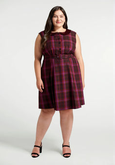 Made from a woven fabric and covered throughout in our exclusive sugar plum plaid print, this gorgeous A-line dress presents in sumptuous shades of red, burgundy, and lavender with shimmering sinews of metallic gold. Boasting cap sleeves, a Peter Pan collar, and ornate golden button-up closure with pearly accents at the fitted bodice, a high-rise waistline with a matching and removable belt, and a twirly swing skirt complete with thoughtfully-placed darts and handy side pockets. Plus Size Vintage Clothing, Designer Plus Size Clothing, Modcloth Style, 2010s Fashion, Plaid Outfits, Vintage Inspired Dresses, Red Burgundy, Sugar Plum, Pan Collar