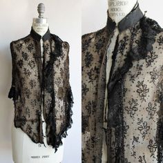 Stunning Victorian Mourning Shawl Or Cape, Oh It Must Have Been Glorious In Its Day. Just Dripping In Jet Or French Jet Beading. Lace Trim, High Neck, Pretty Swooped Hem Trimmed In Black Lace. Hooks And Eyes All Down The Front. It Used To Be Lined In Silk But Most Of That Is Gone Now. No Label. Pretty Much One Size Fits Most I'd Say. Please See Condition Below. Good To Fair Vintage Condition.. As Mentioned Above It Used To Be Lined In Silk, But The Silk Is Mostly Gone Now. Only Tattered Remnants Black Capelet, Victorian Shawl, Victorian Cape, Cape Shawl, Mock Turtleneck Sweater, Say Please, Chunky Knit Cardigan, Tweed Skirt, Leather Trench Coat