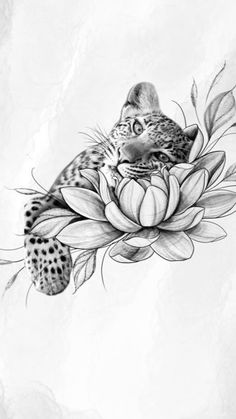 a drawing of a leopard sitting on top of a flower