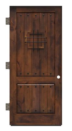 a wooden door with metal handles and two bars on the bottom part of the door