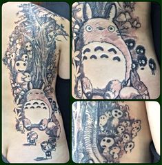 the back of a woman's body with tattoos on it and an image of totoro