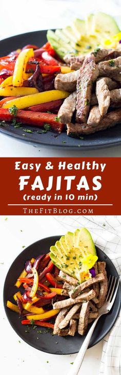 an easy and healthy fajitas recipe with grilled meat, vegetables, and peppers