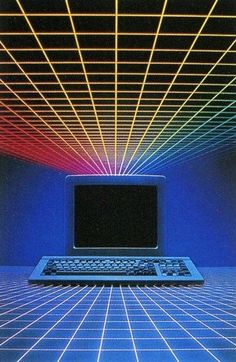 an old computer sitting in the middle of a room with neon lights on it's sides