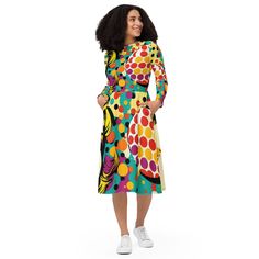 Step into the world of wearable art with Pop Art Andy Warhol Long Sleeve Midi Dress, a perfect gift for the pop art lover in your life. This winter dress features captivating Andy Warhol's pop art print that beautifully complements the cold season. The combination of the artistic design in the form of comic book wearable art and the practicality of a long sleeve midi dress makes it a versatile addition to any wardrobe. Crafted with care and attention to detail, this dress seamlessly blends art and fashion, making it a standout piece for both casual outings and special occasions. Made from high-quality polyester, this pop art long sleeve midi dress not only feels luxurious against your skin but also boasts a flattering cut with a fitted waist that accentuates your figure. The flare bottom a Artistic Multicolor Graphic Print Dress, Retro Long Sleeve Graphic Print Dress, Pop Art Andy Warhol, World Of Wearable Art, Art Andy Warhol, Andy Warhol Inspired, Art Winter, Pop Art Print, Comic Collection